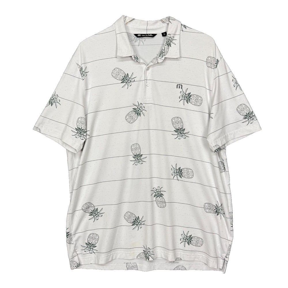 Travis‎ Mathew Shirt Mens XL White Pineapple Stripe Print Polo Golf Stacked Deck